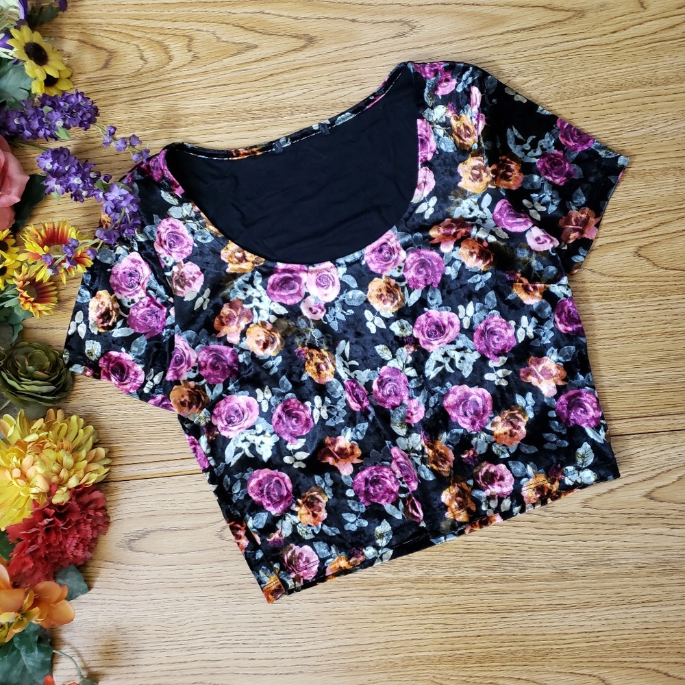 Forever 21 Floral Velvet Short Sleeve Crop Top